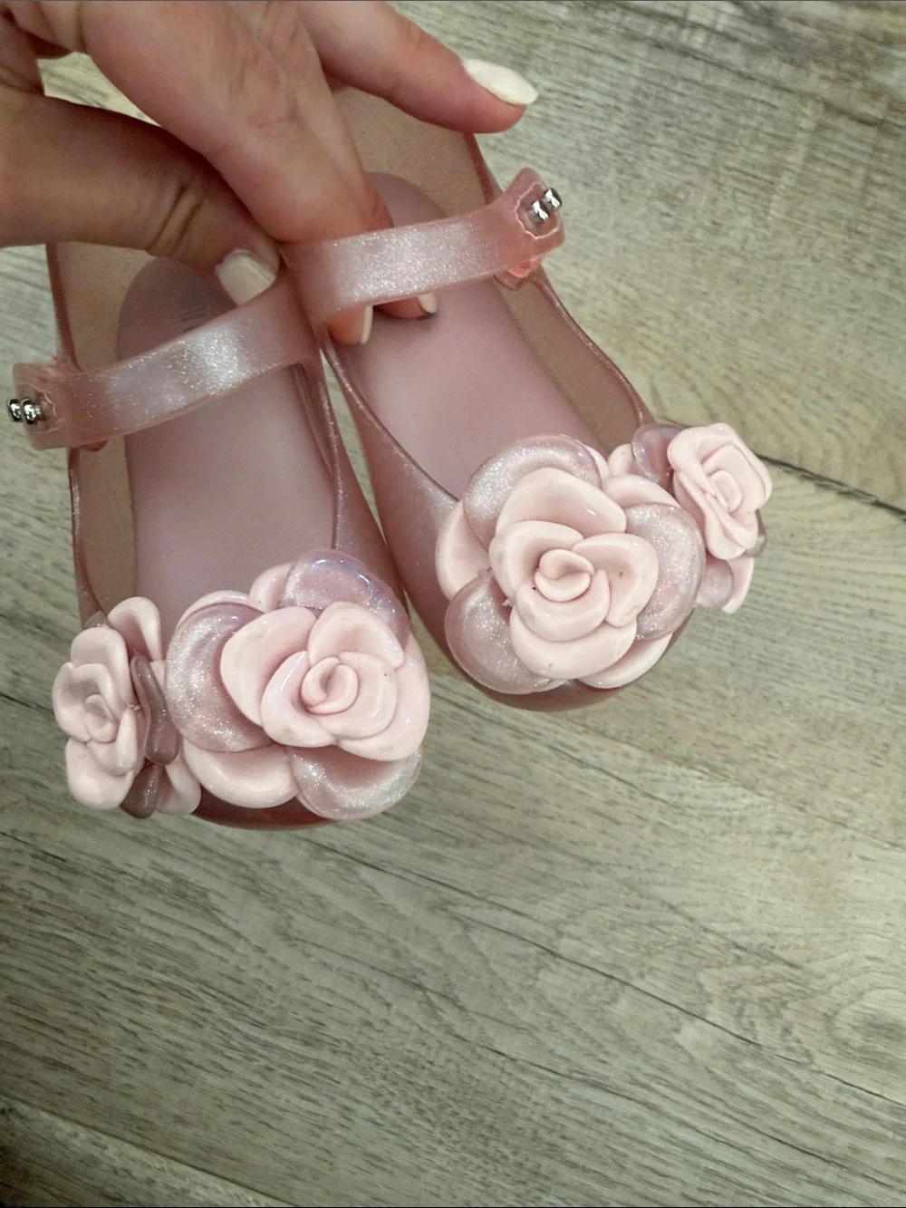 Mini Melissa Rose-Embellished Shimmery Pink Mary Janes